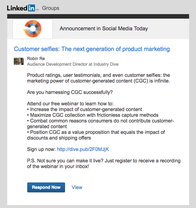 Пример за съобщение на LinkedIn Group