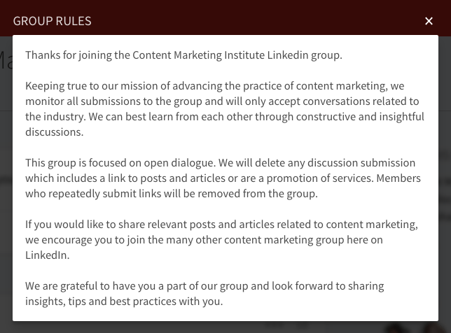 Правила на LinkedIn Group на Content Marketing Institute