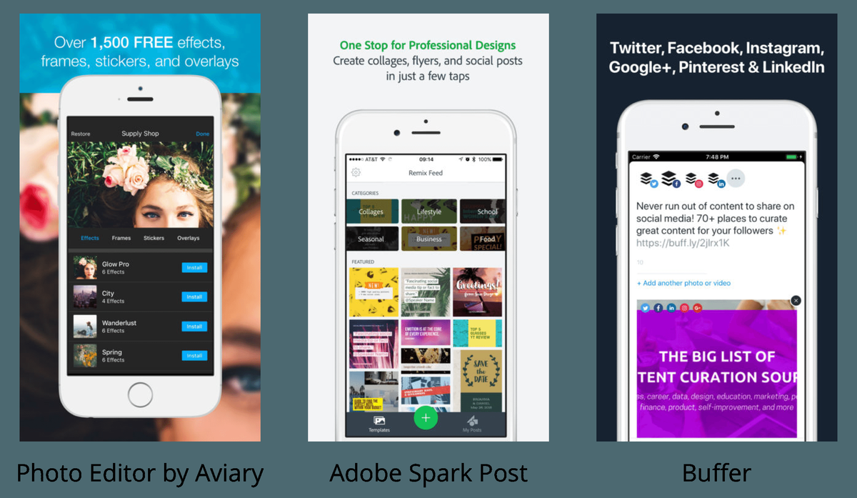 Instagrami tööriistad: Aviary fototöötlusprogramm, Adobe Spark Post ja Buffer