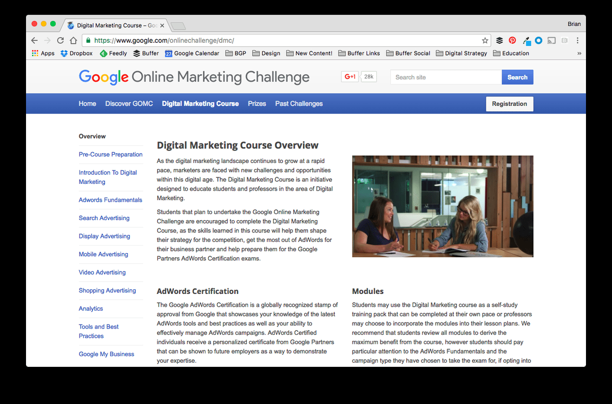 Предизвикателство за онлайн маркетинг на Google, Курс на дигитален маркетинг на Google