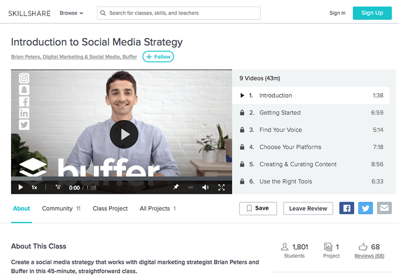 Клас Buffer Skillshare - Маркетингова стратегия за социални медии